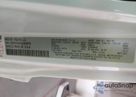 2025 Jeep Gladiator Nighthawk z USA, uszkodzony, nr VIN 1C6PJTAG4SL504018